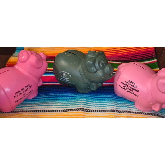 Set Of 3 Plastic Piggy Banks Pink & Green Ararat Shrine Hospital Fundraiser Coll - Picture 3 of 8